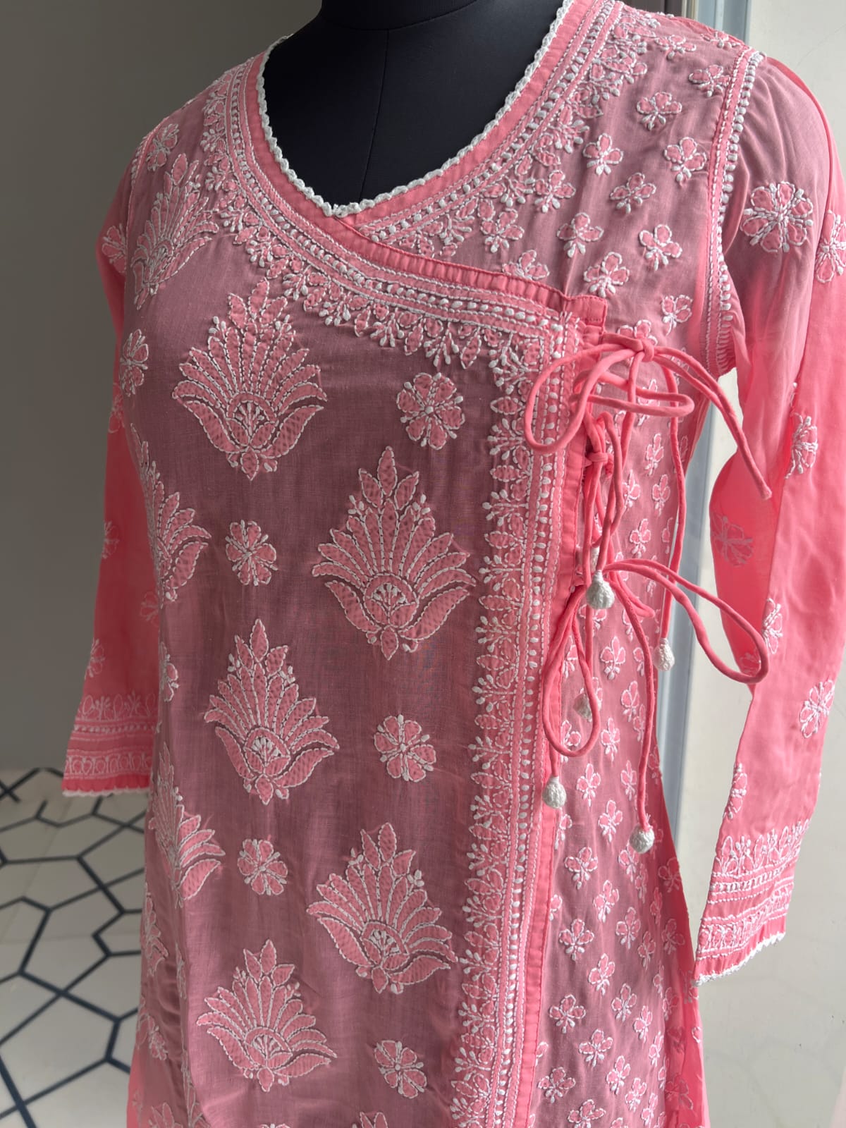Carrot Pink A line Angarkha Style Kurti with chikankari and tessels