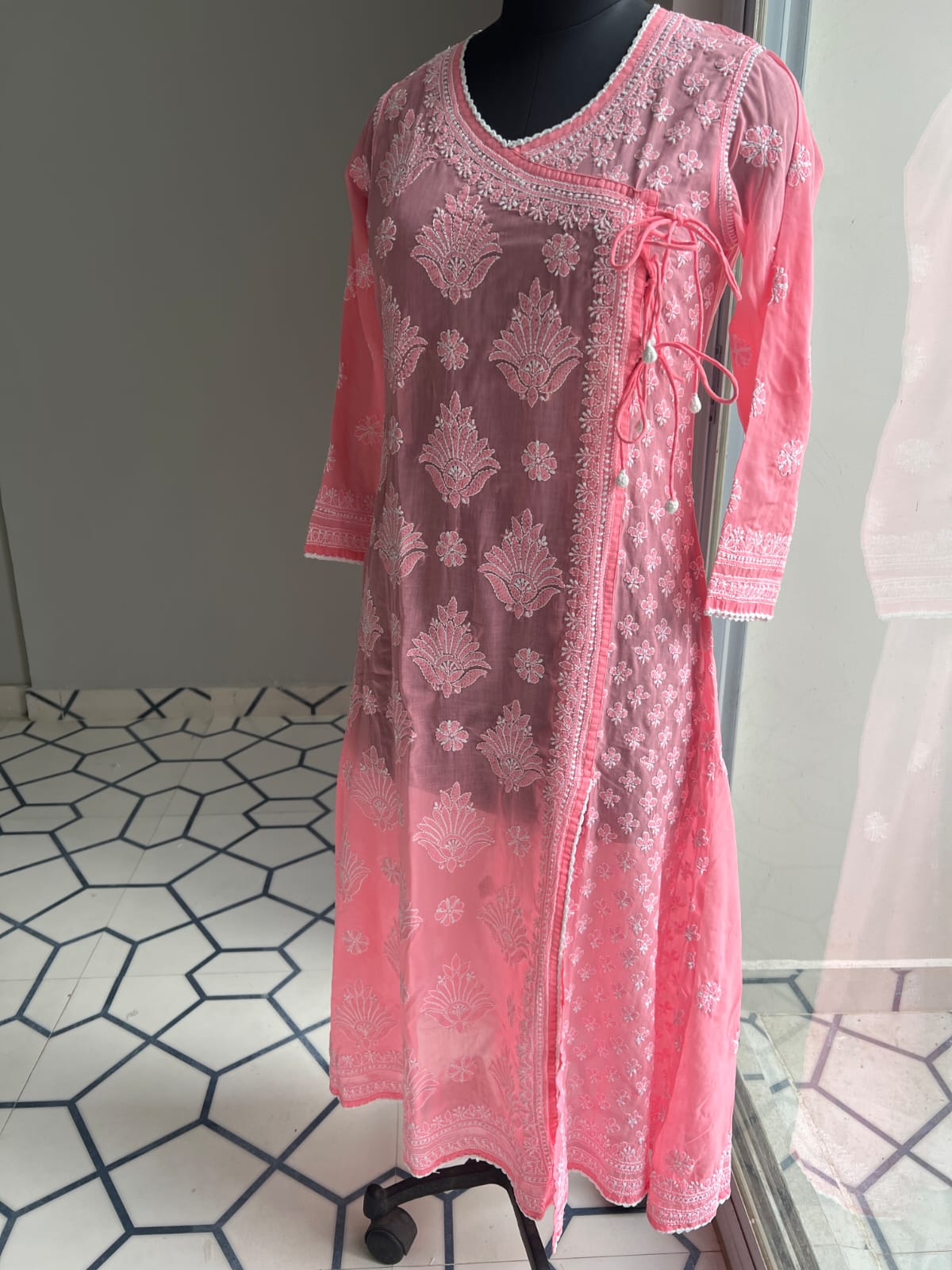 Carrot Pink A line Angarkha Style Kurti with chikankari and tessels