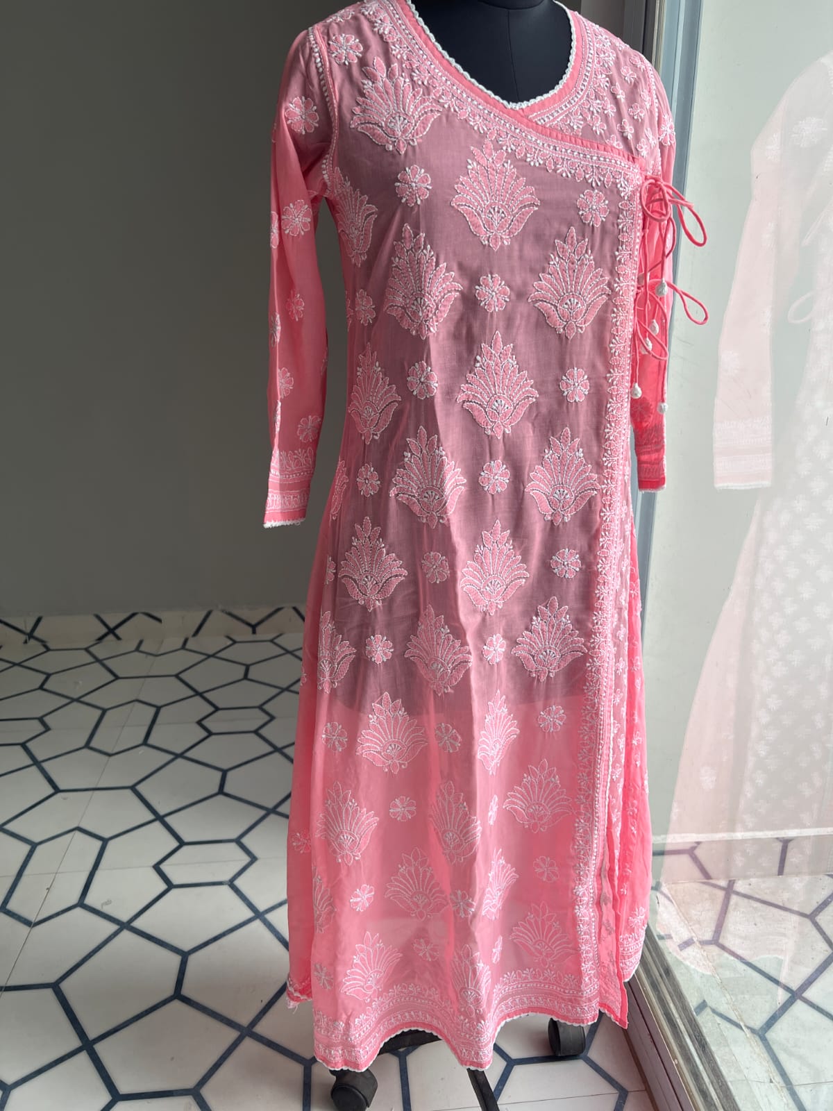 Carrot Pink A line Angarkha Style Kurti with chikankari and tessels