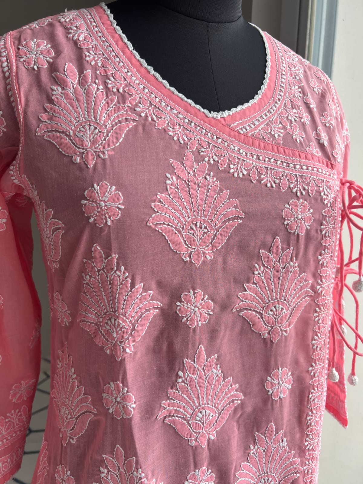 Carrot Pink A line Angarkha Style Kurti with chikankari and tessels