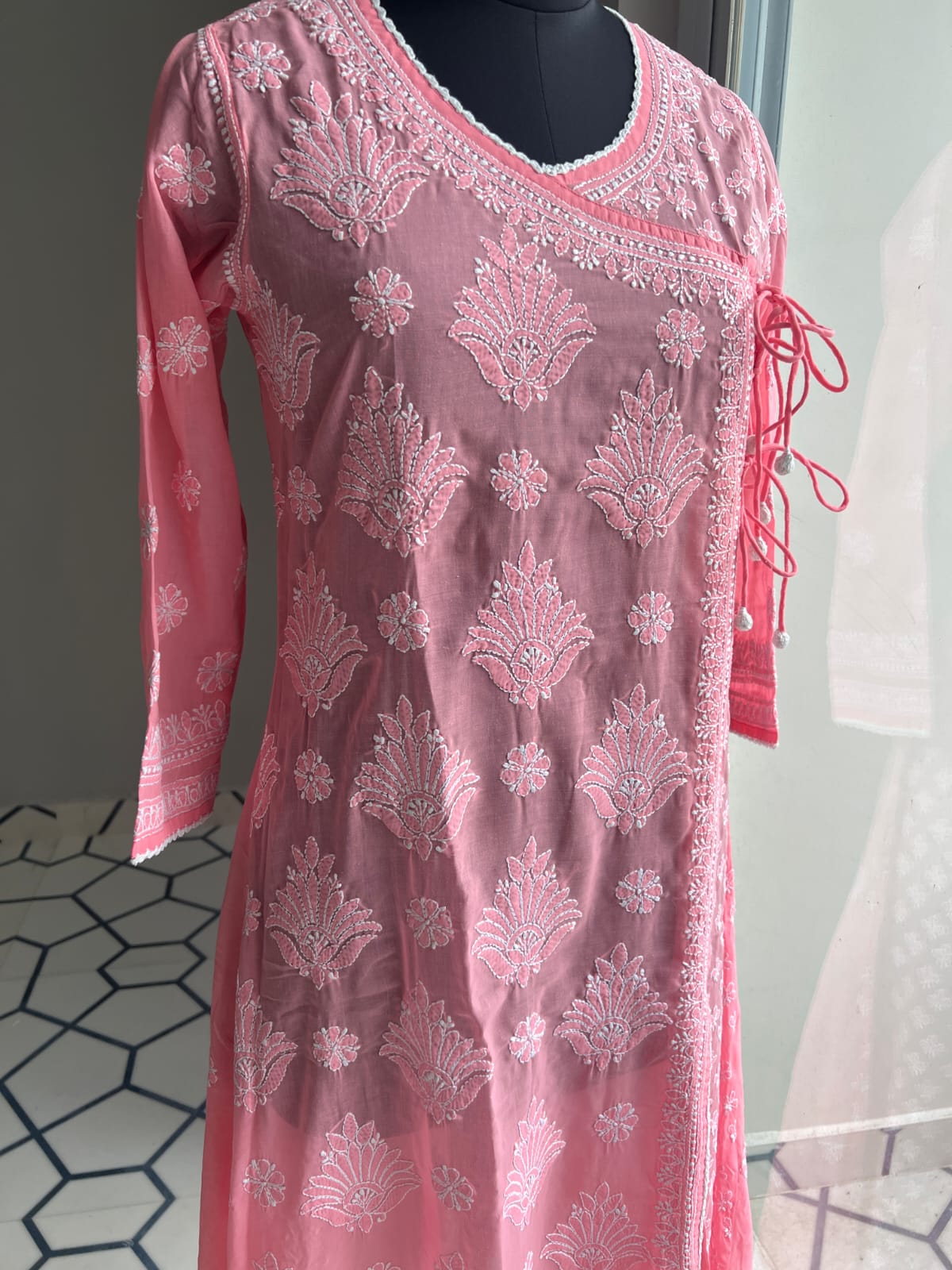 Carrot Pink A line Angarkha Style Kurti with chikankari and tessels
