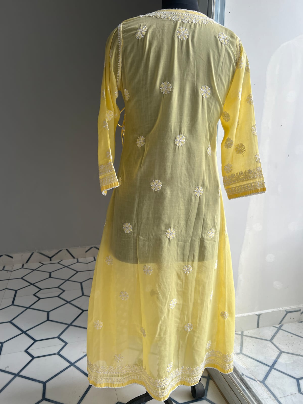 Mango Yellow A line Angarkha Style Kurti with chikankari and tessels