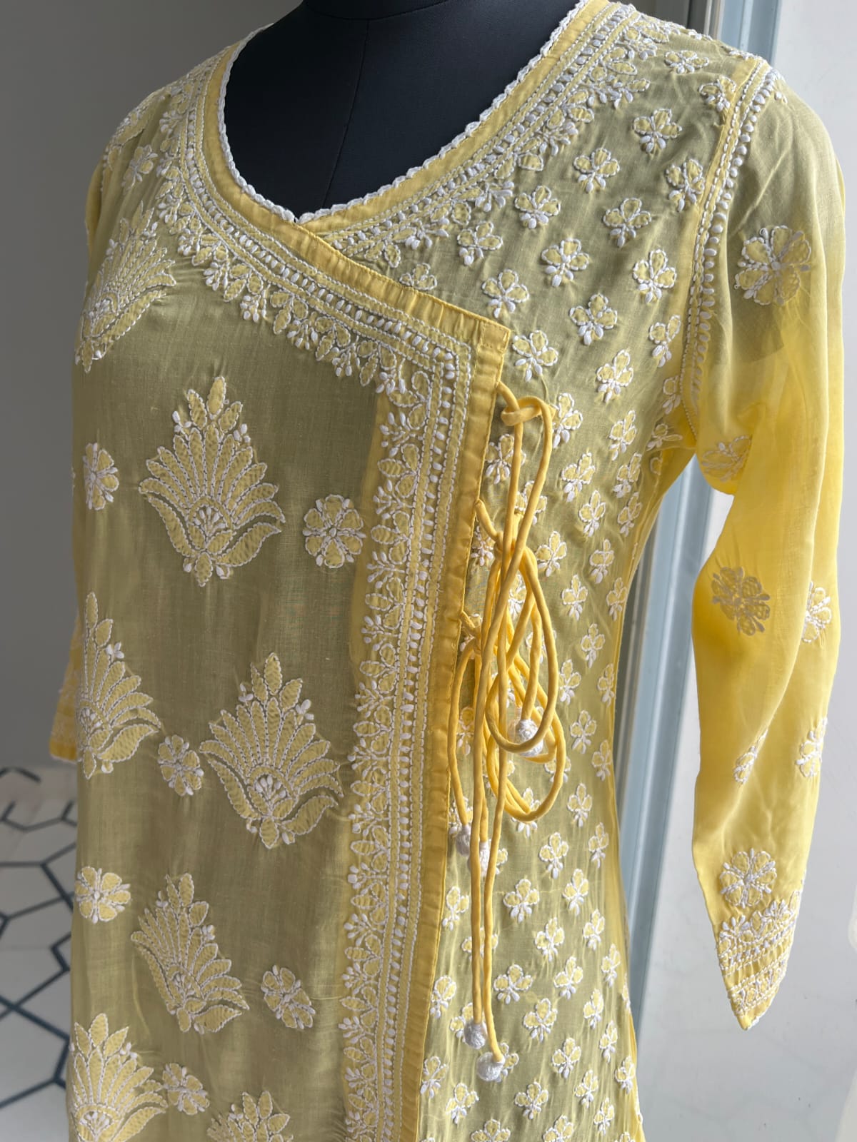 Mango Yellow A line Angarkha Style Kurti with chikankari and tessels