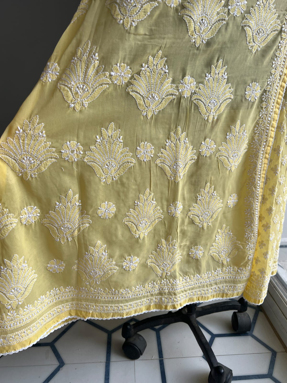 Mango Yellow A line Angarkha Style Kurti with chikankari and tessels