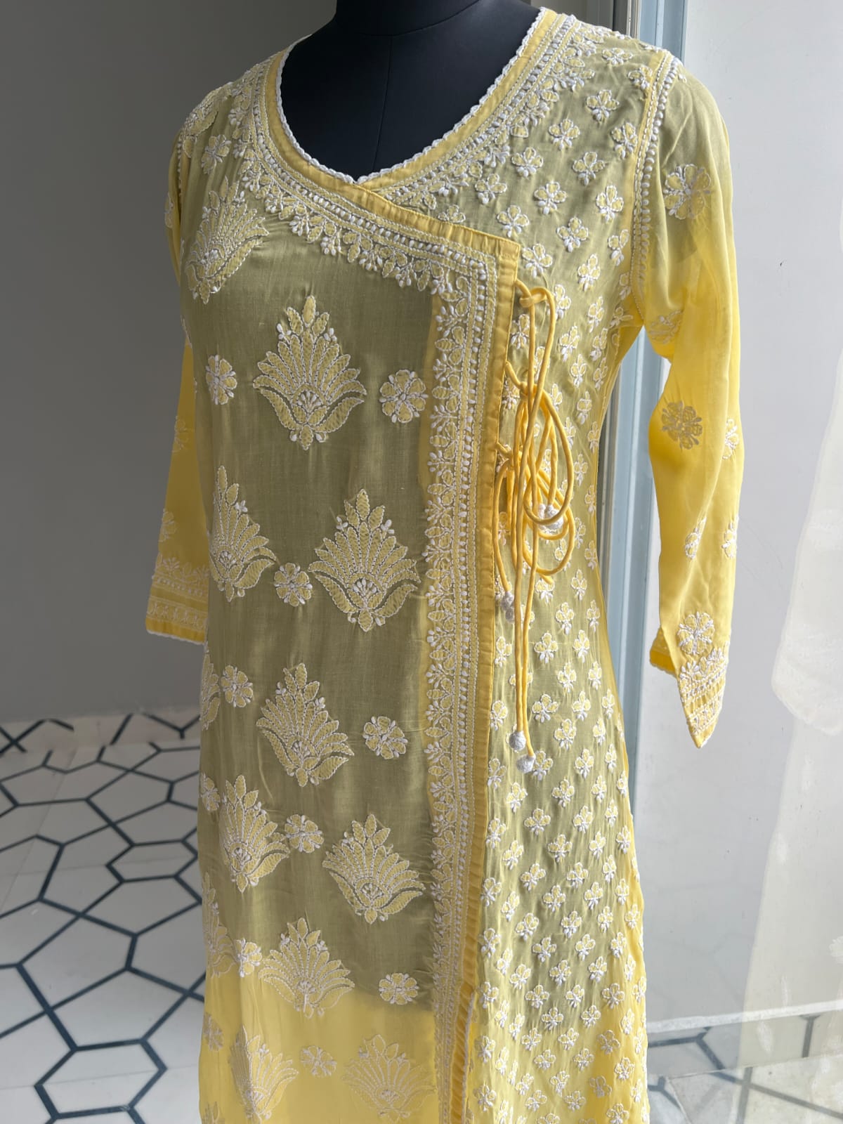Mango Yellow A line Angarkha Style Kurti with chikankari and tessels