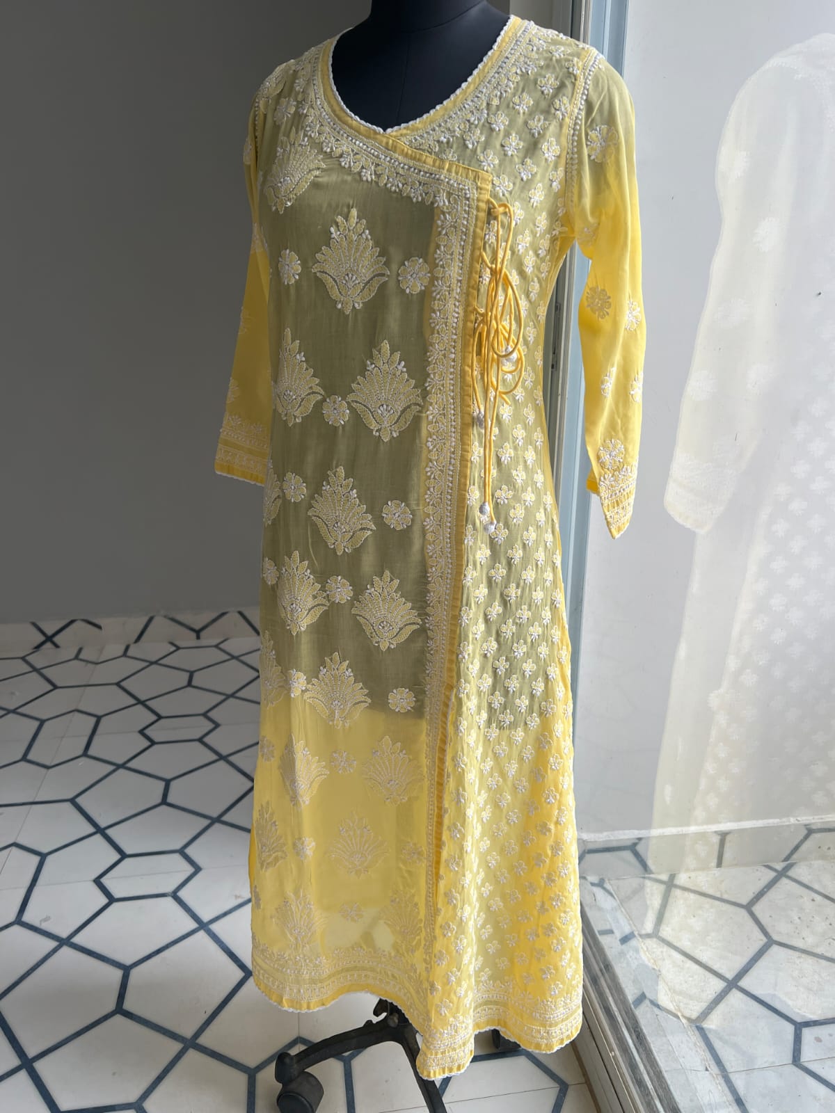 Mango Yellow A line Angarkha Style Kurti with chikankari and tessels