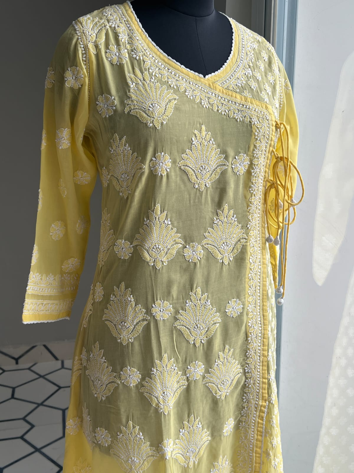 Mango Yellow A line Angarkha Style Kurti with chikankari and tessels