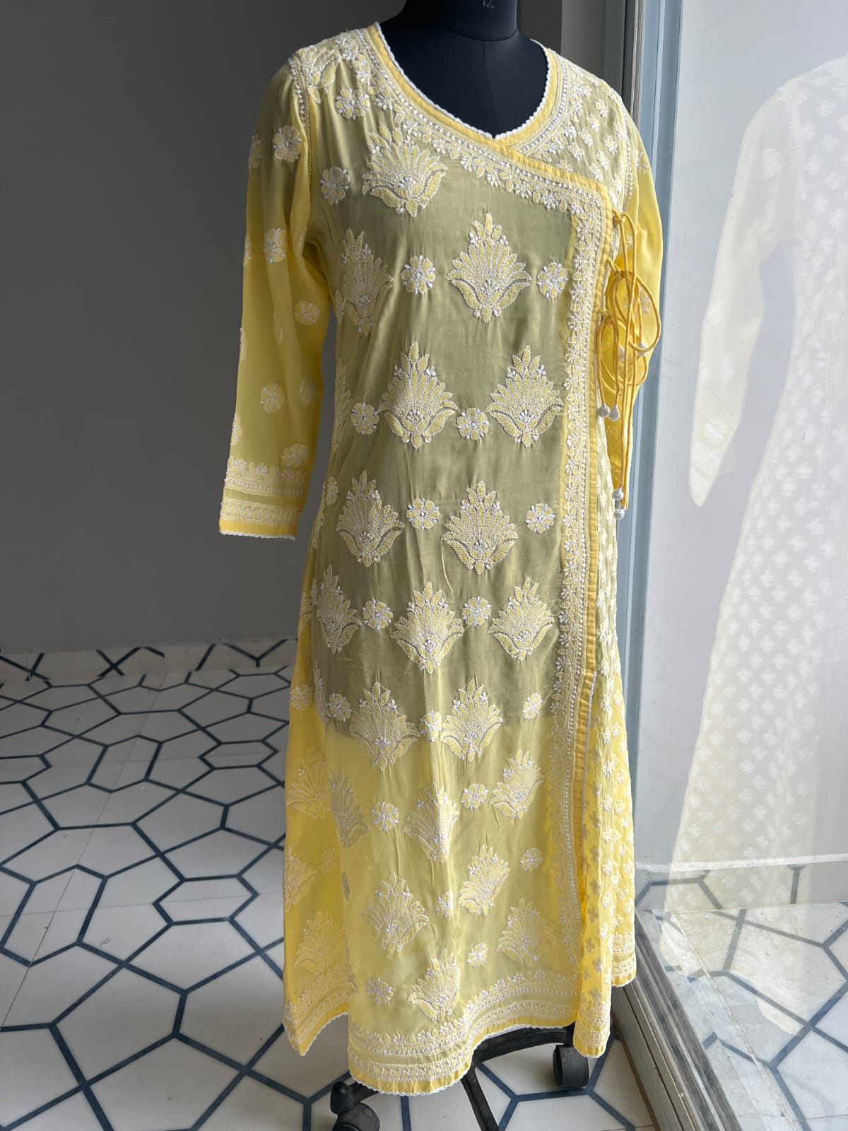 Mango Yellow A line Angarkha Style Kurti with chikankari and tessels