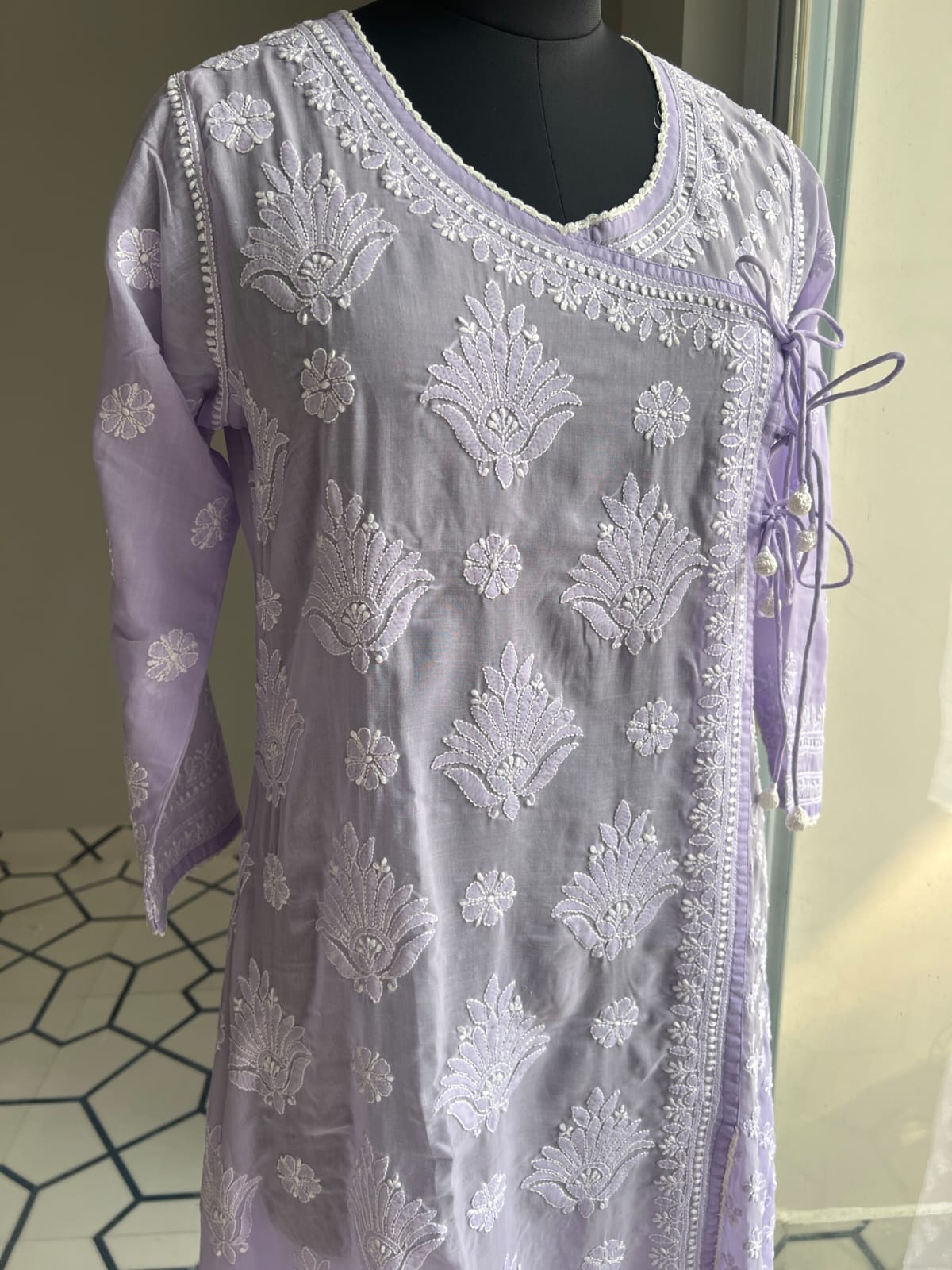 Lavender A line Angarkha Style Kurti with chikankari and tessels