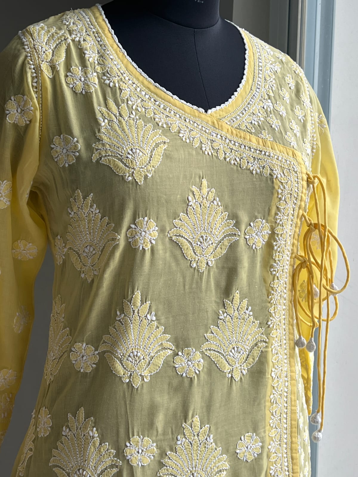 Mango Yellow A line Angarkha Style Kurti with chikankari and tessels