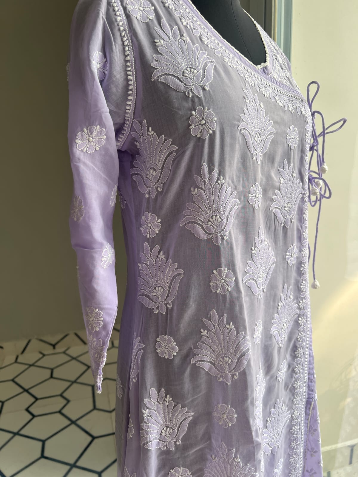 Lavender A line Angarkha Style Kurti with chikankari and tessels