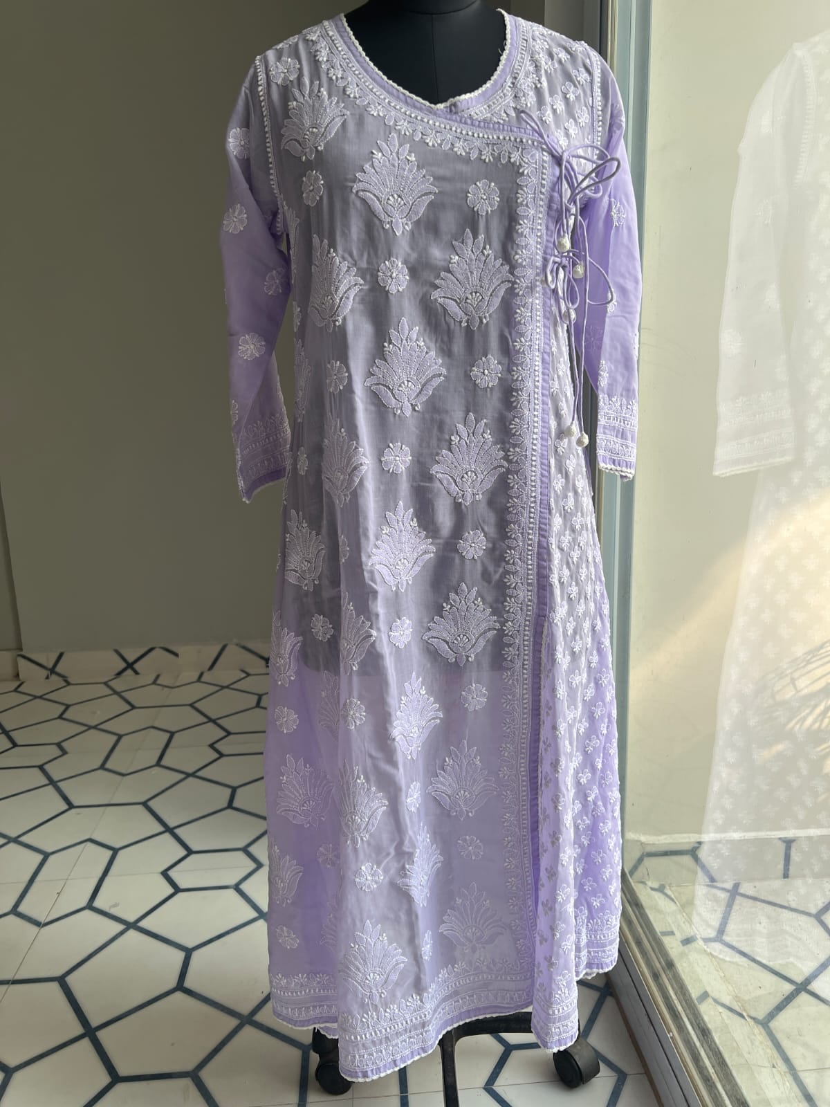 Lavender A line Angarkha Style Kurti with chikankari and tessels