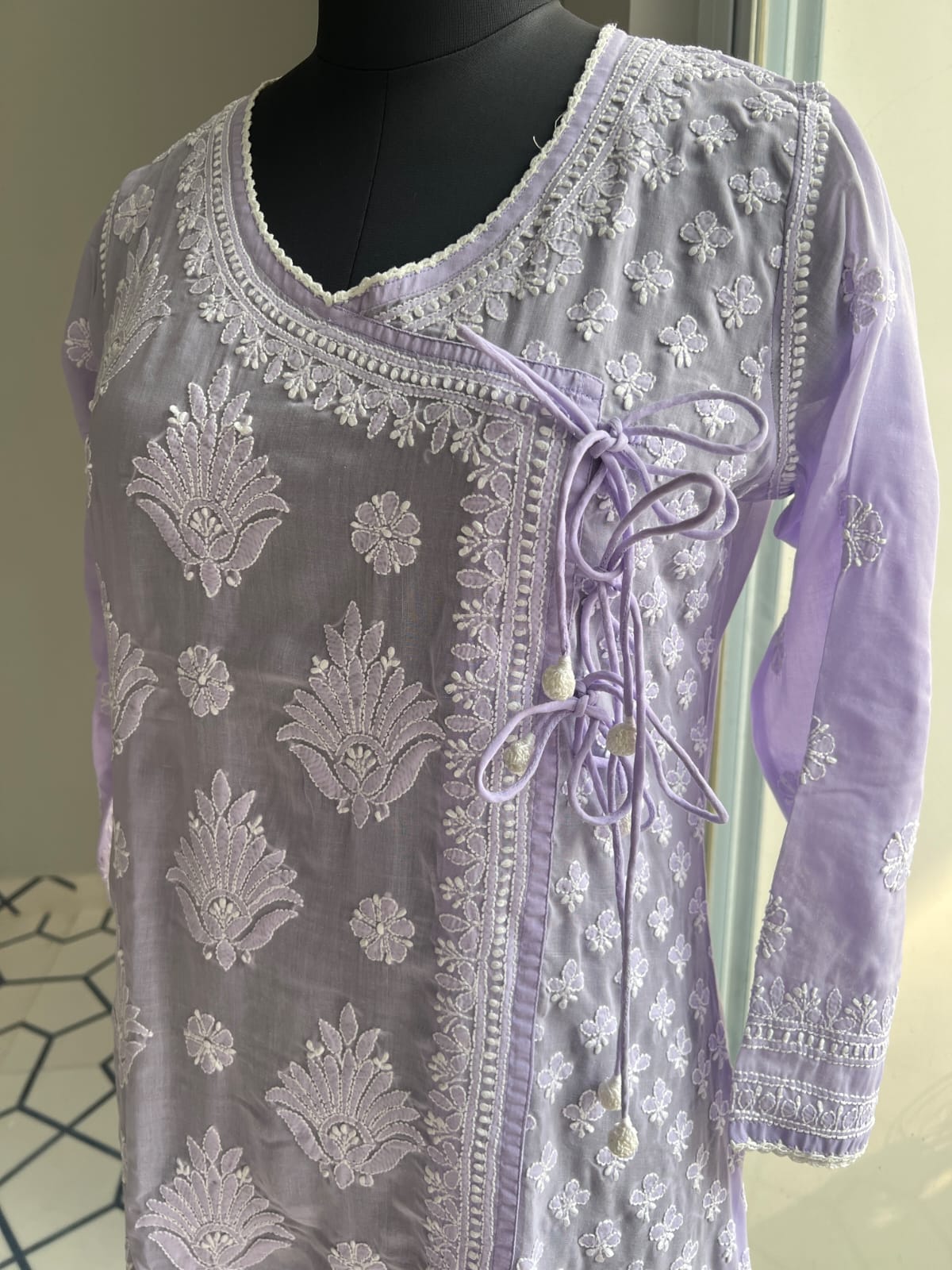 Lavender A line Angarkha Style Kurti with chikankari and tessels