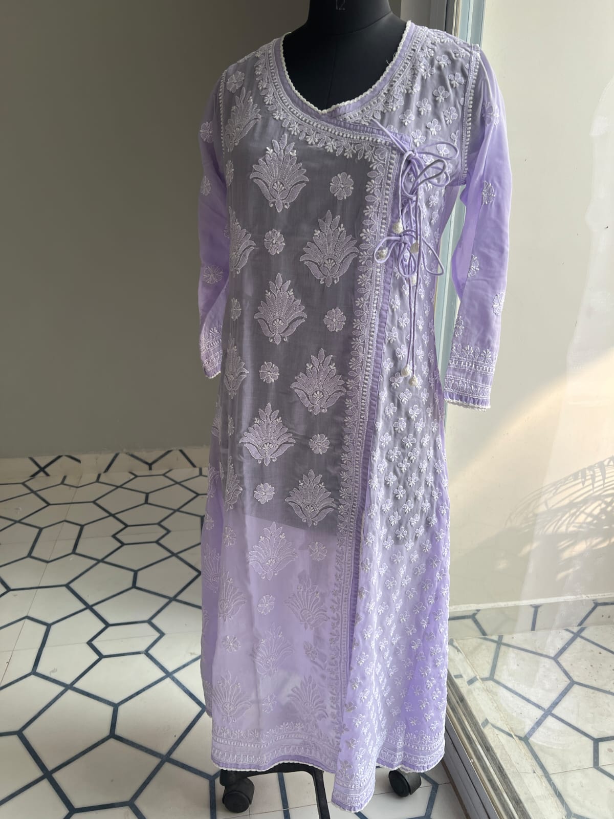 Lavender A line Angarkha Style Kurti with chikankari and tessels