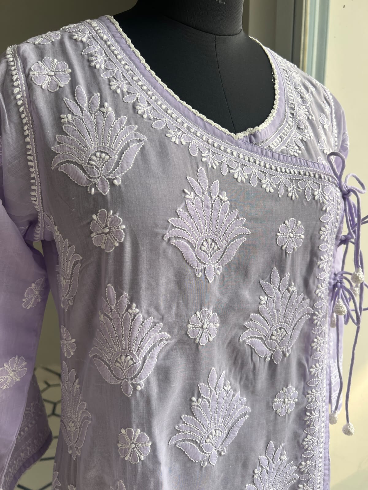 Lavender A line Angarkha Style Kurti with chikankari and tessels