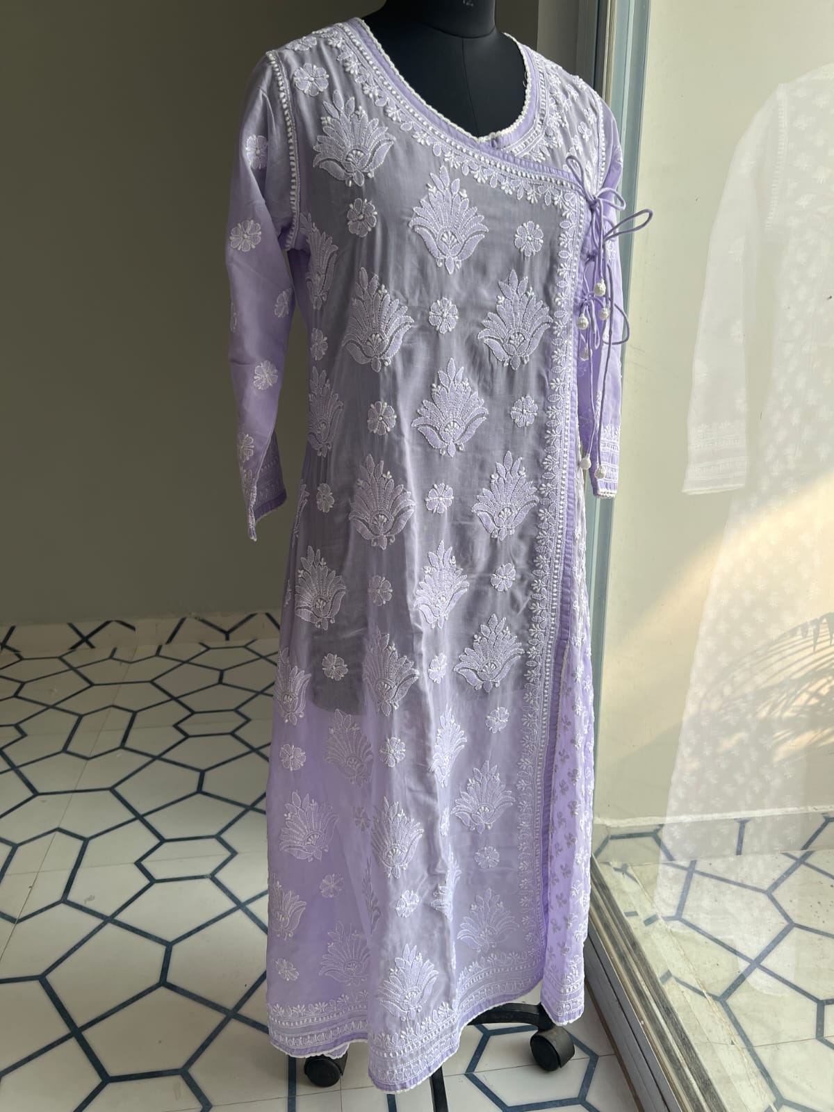 Lavender A line Angarkha Style Kurti with chikankari and tessels
