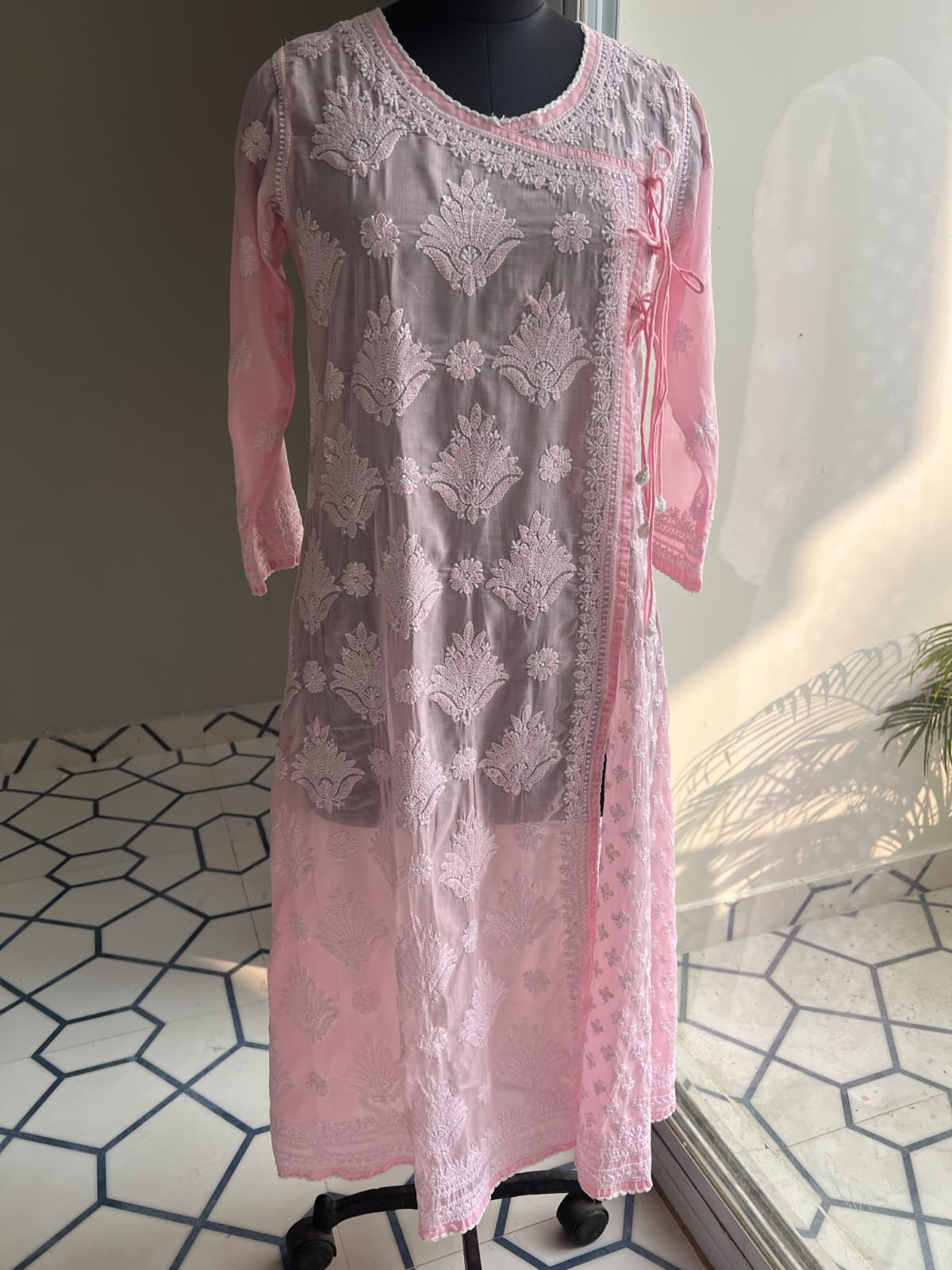 Baby Pink A line Angarkha Style Kurti with chikankari and tessels