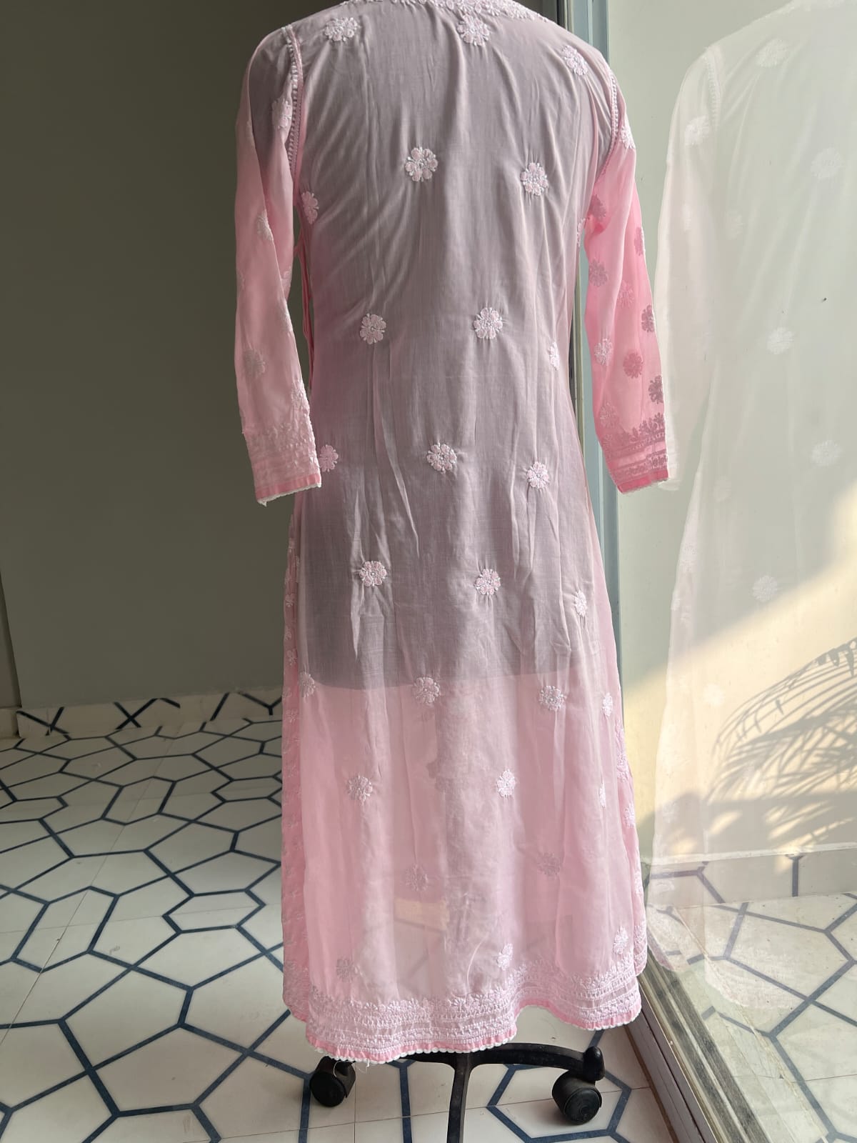 Baby Pink A line Angarkha Style Kurti with chikankari and tessels