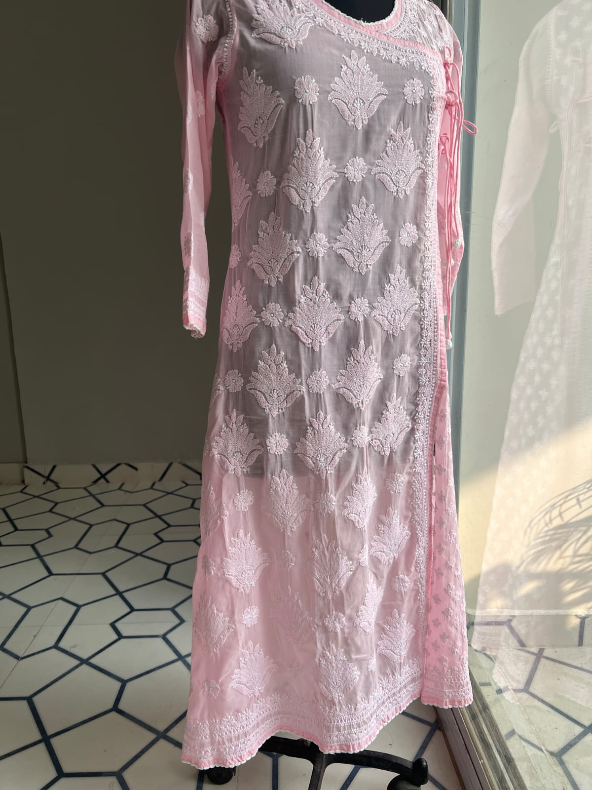Baby Pink A line Angarkha Style Kurti with chikankari and tessels