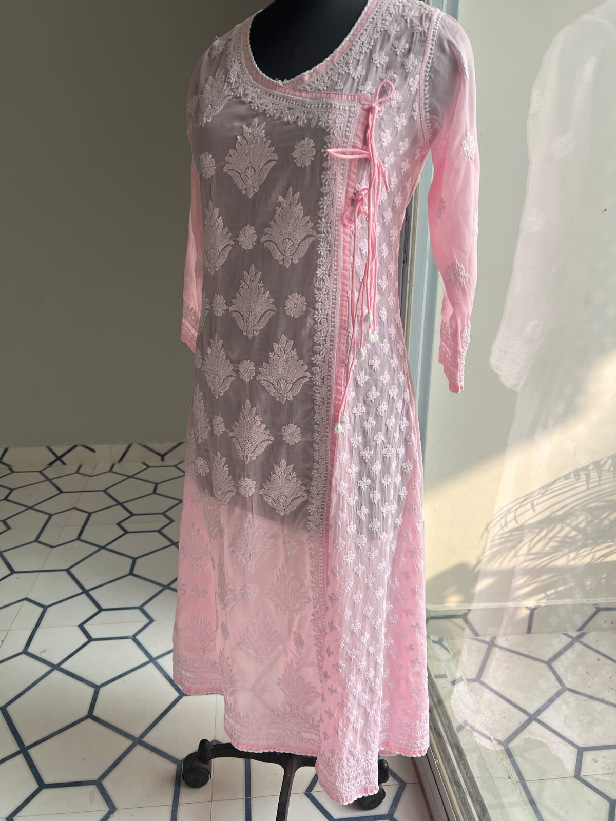 Baby Pink A line Angarkha Style Kurti with chikankari and tessels