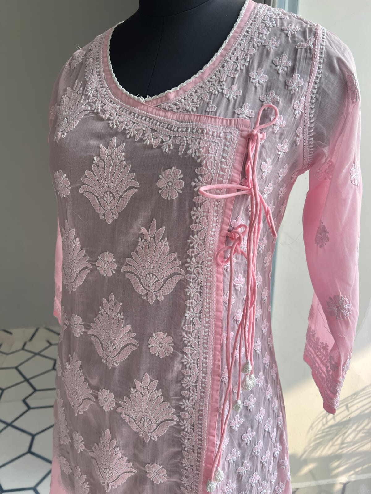 Baby Pink A line Angarkha Style Kurti with chikankari and tessels