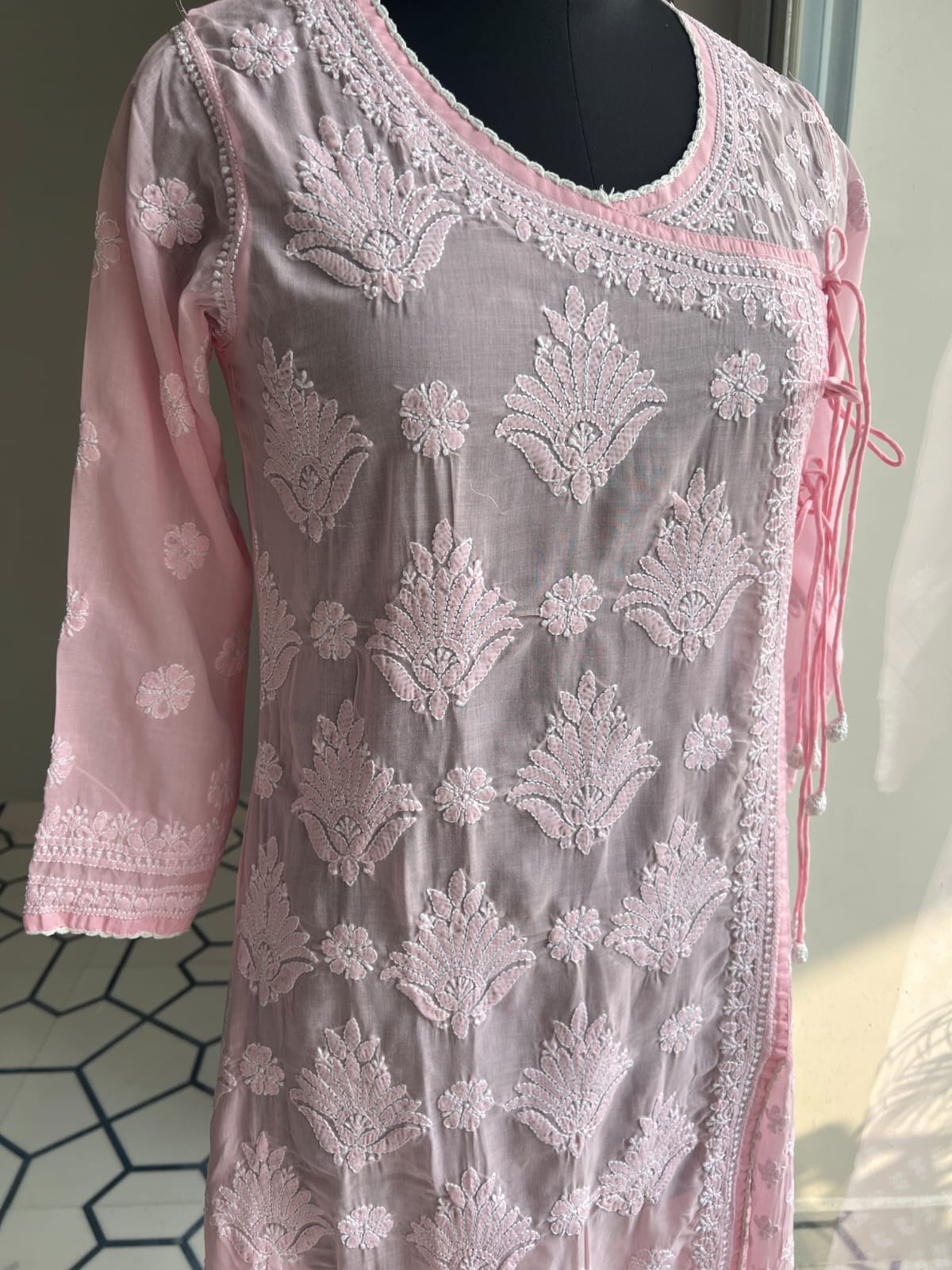 Baby Pink A line Angarkha Style Kurti with chikankari and tessels