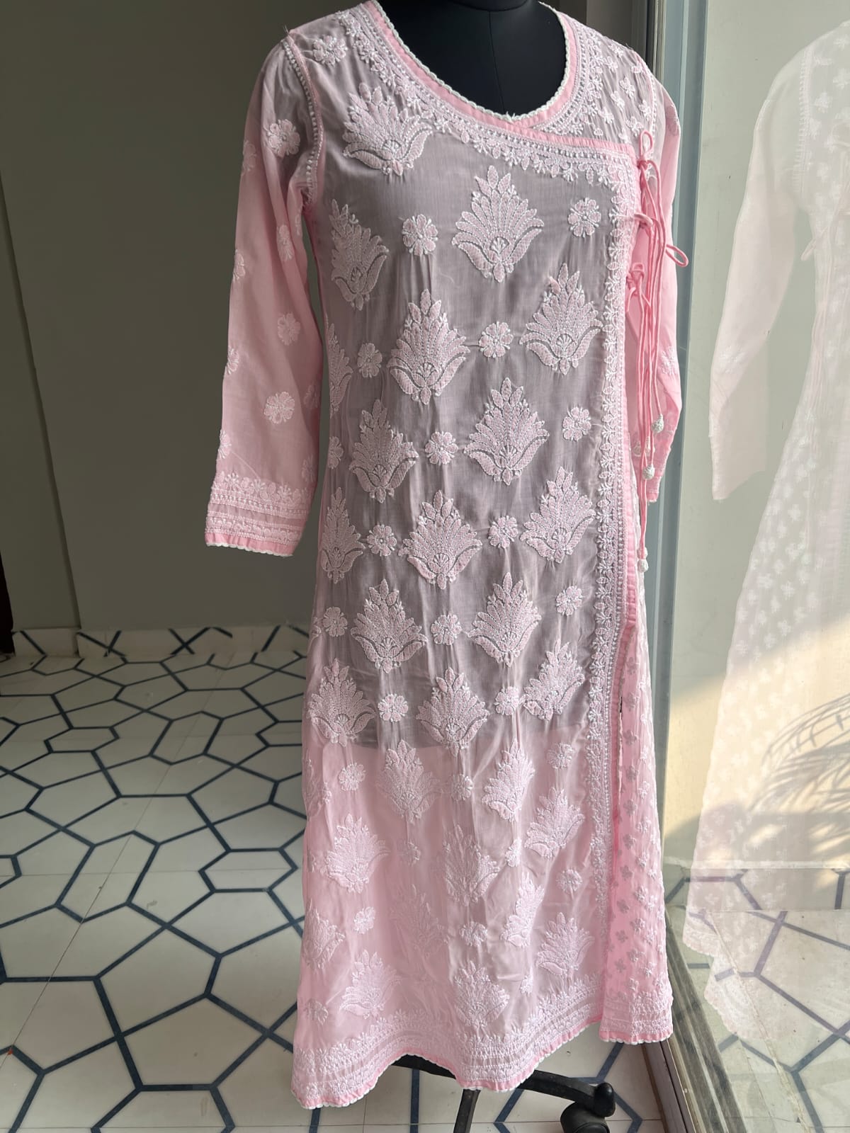 Baby Pink A line Angarkha Style Kurti with chikankari and tessels
