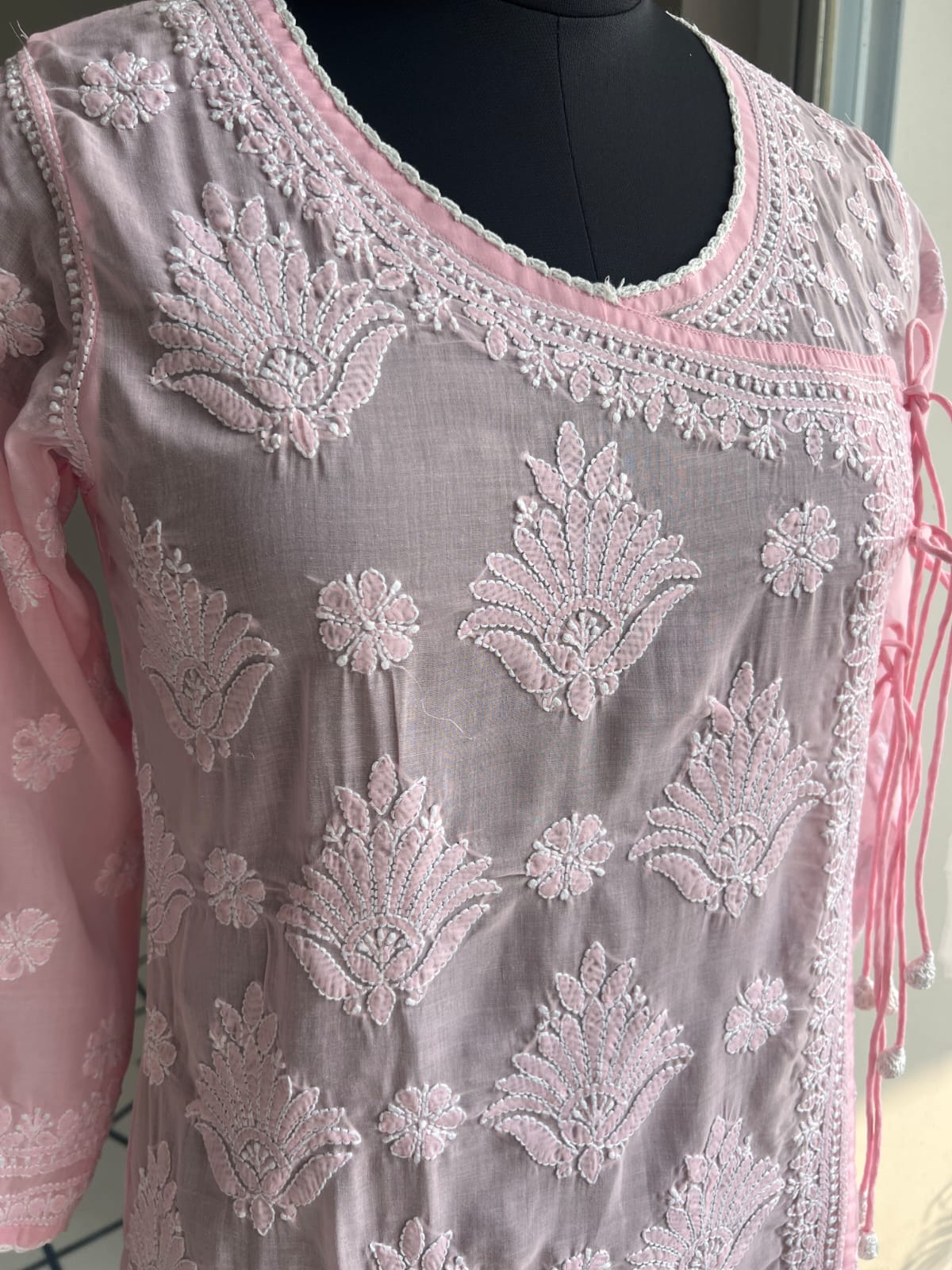 Baby Pink A line Angarkha Style Kurti with chikankari and tessels