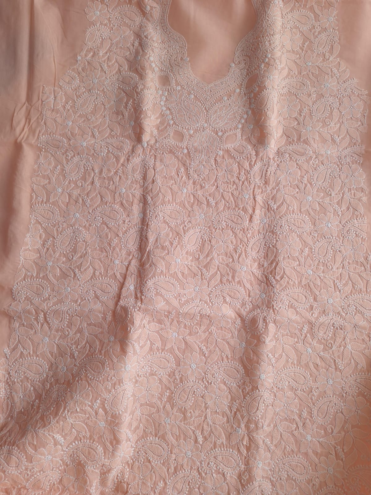 Peach Cotton Hand Embroidered Kurta Fabric