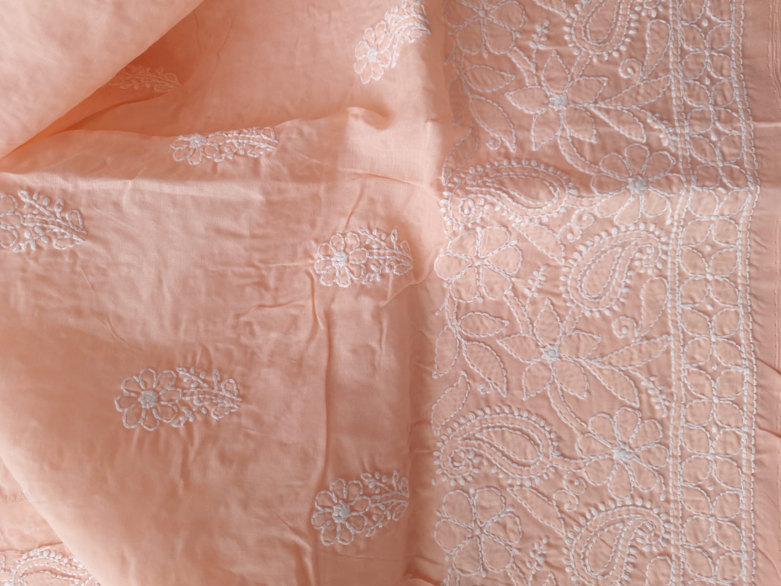Peach Cotton Hand Embroidered Kurta Fabric