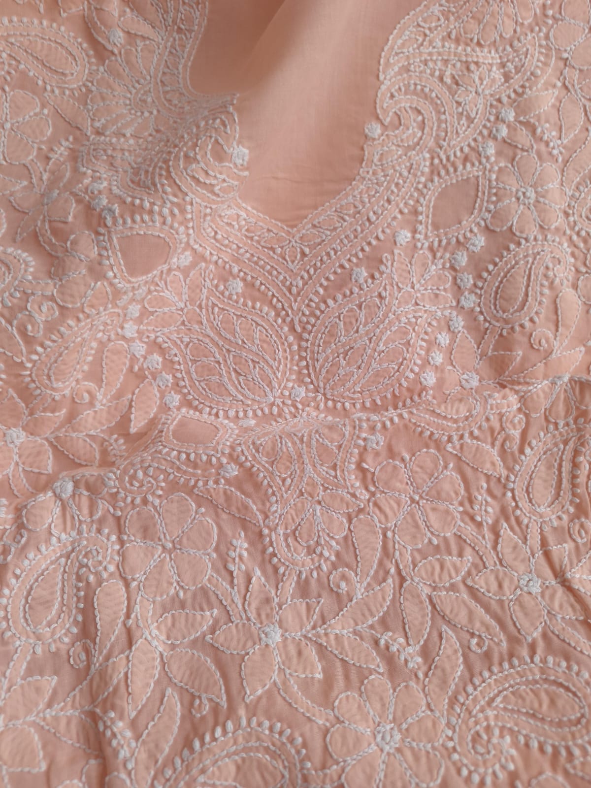 Peach Cotton Hand Embroidered Kurta Fabric