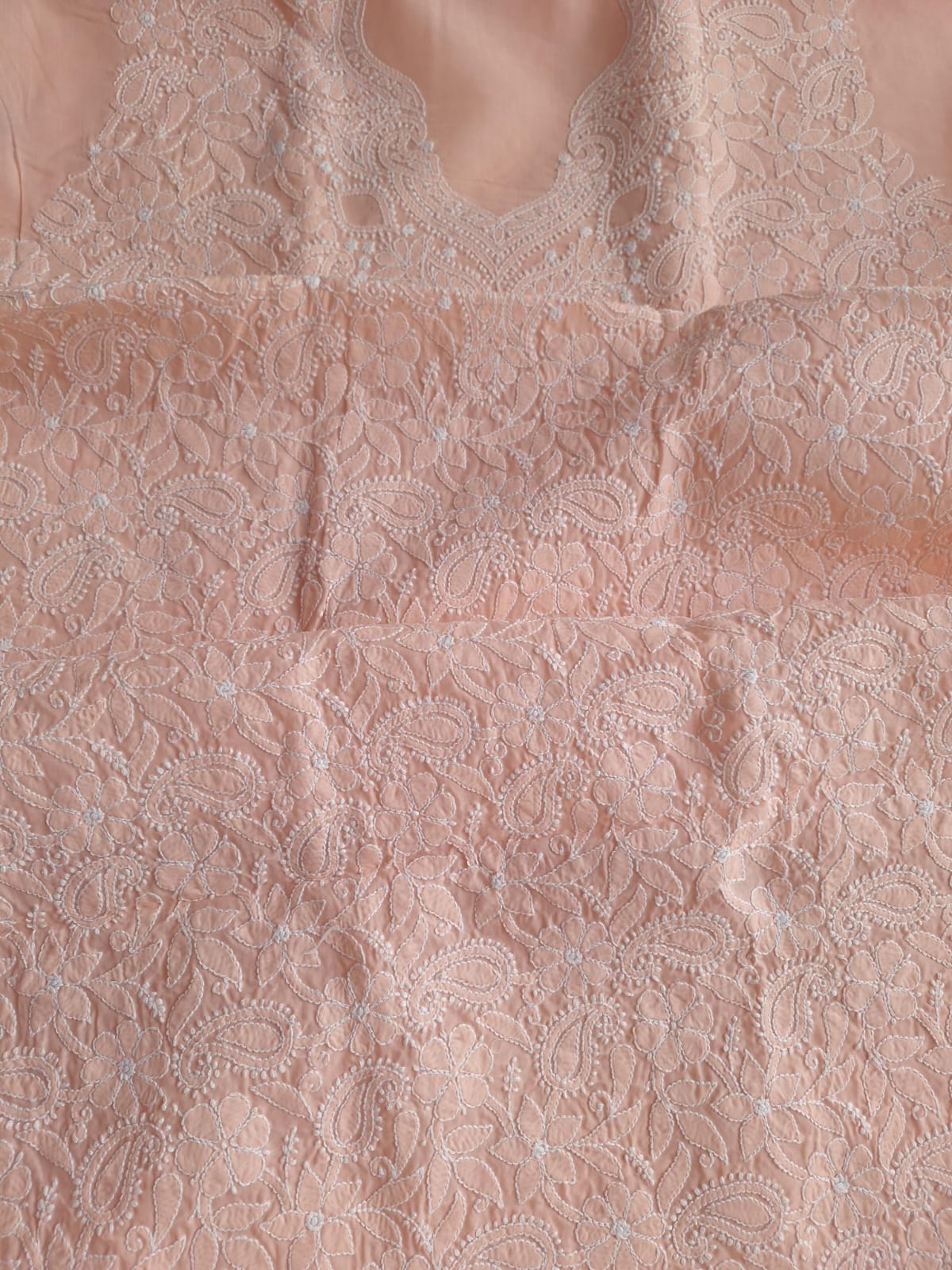 Peach Cotton Hand Embroidered Kurta Fabric