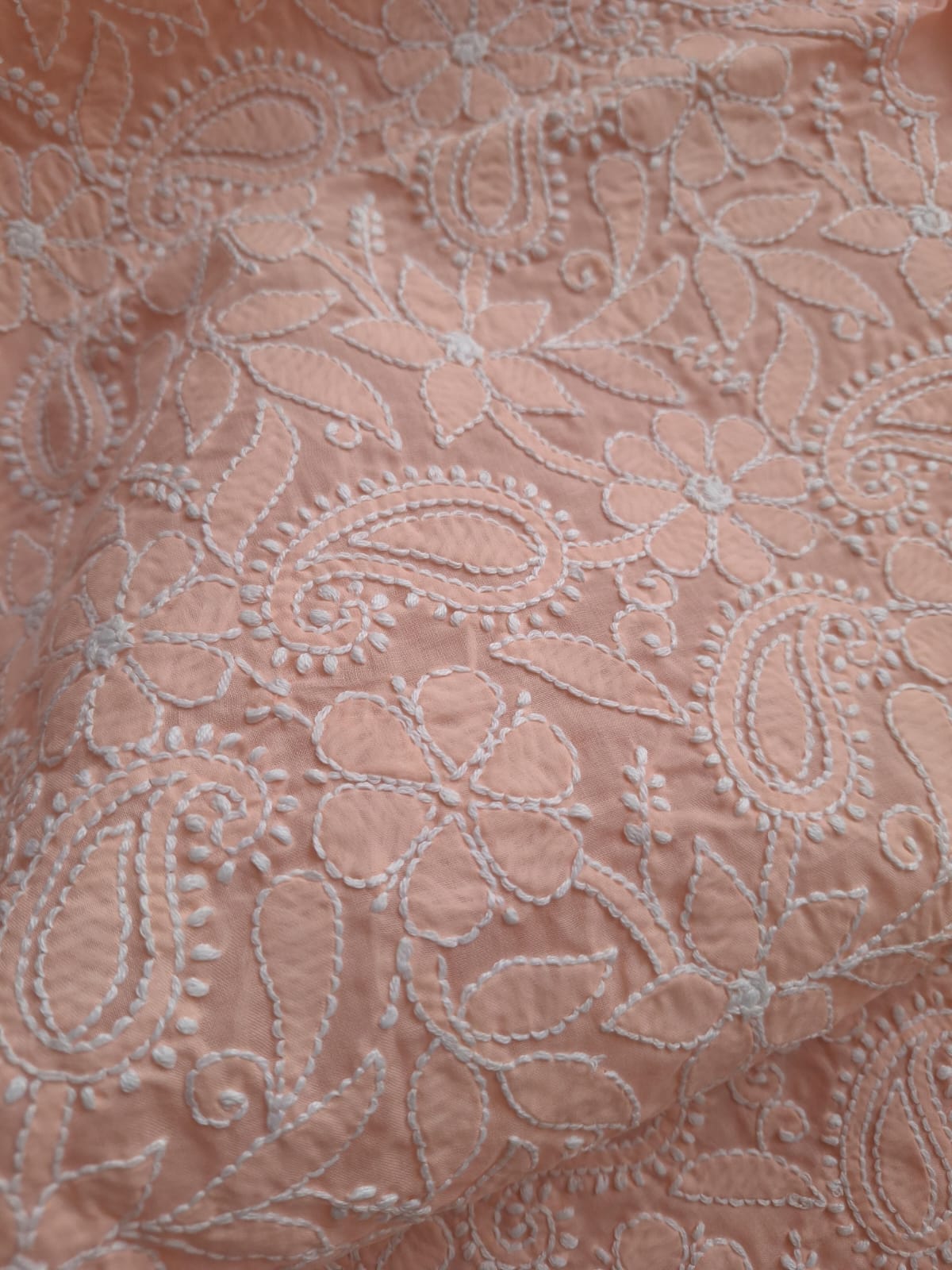 Peach Cotton Hand Embroidered Kurta Fabric