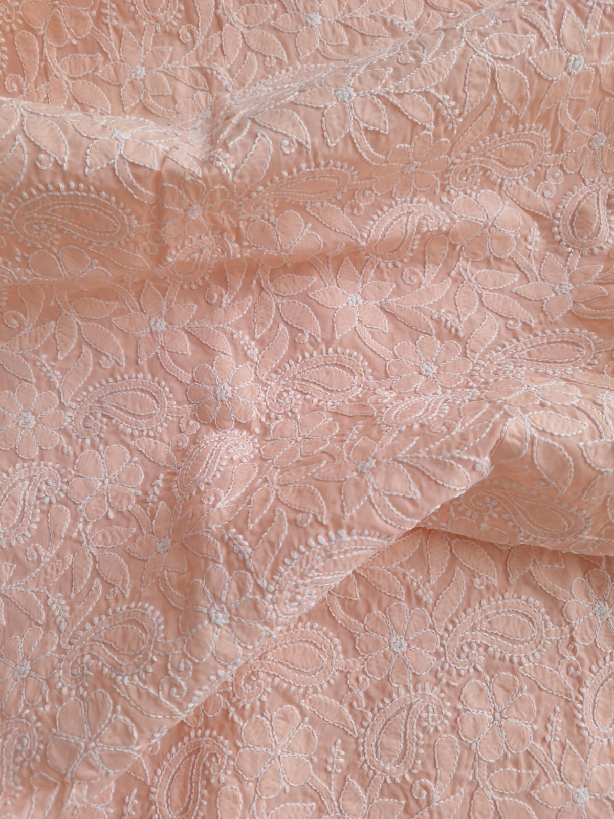 Peach Cotton Hand Embroidered Kurta Fabric