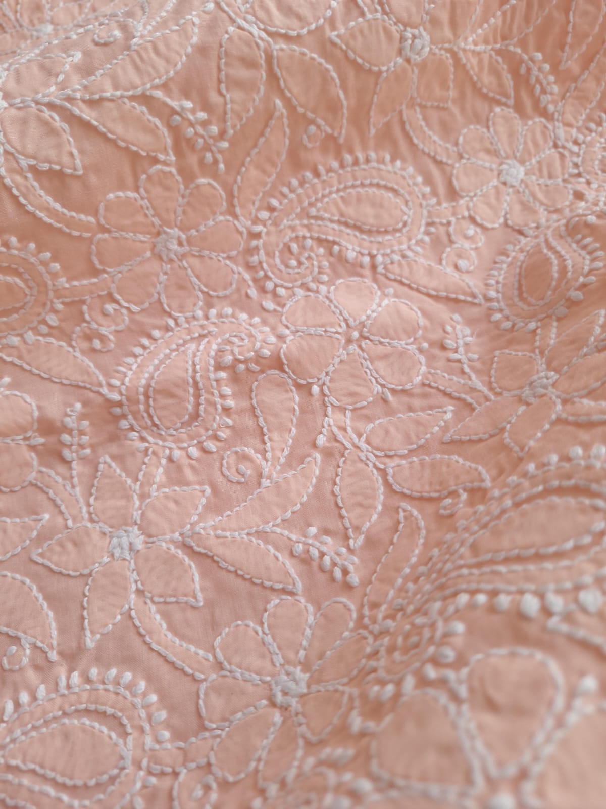 Peach Cotton Hand Embroidered Kurta Fabric