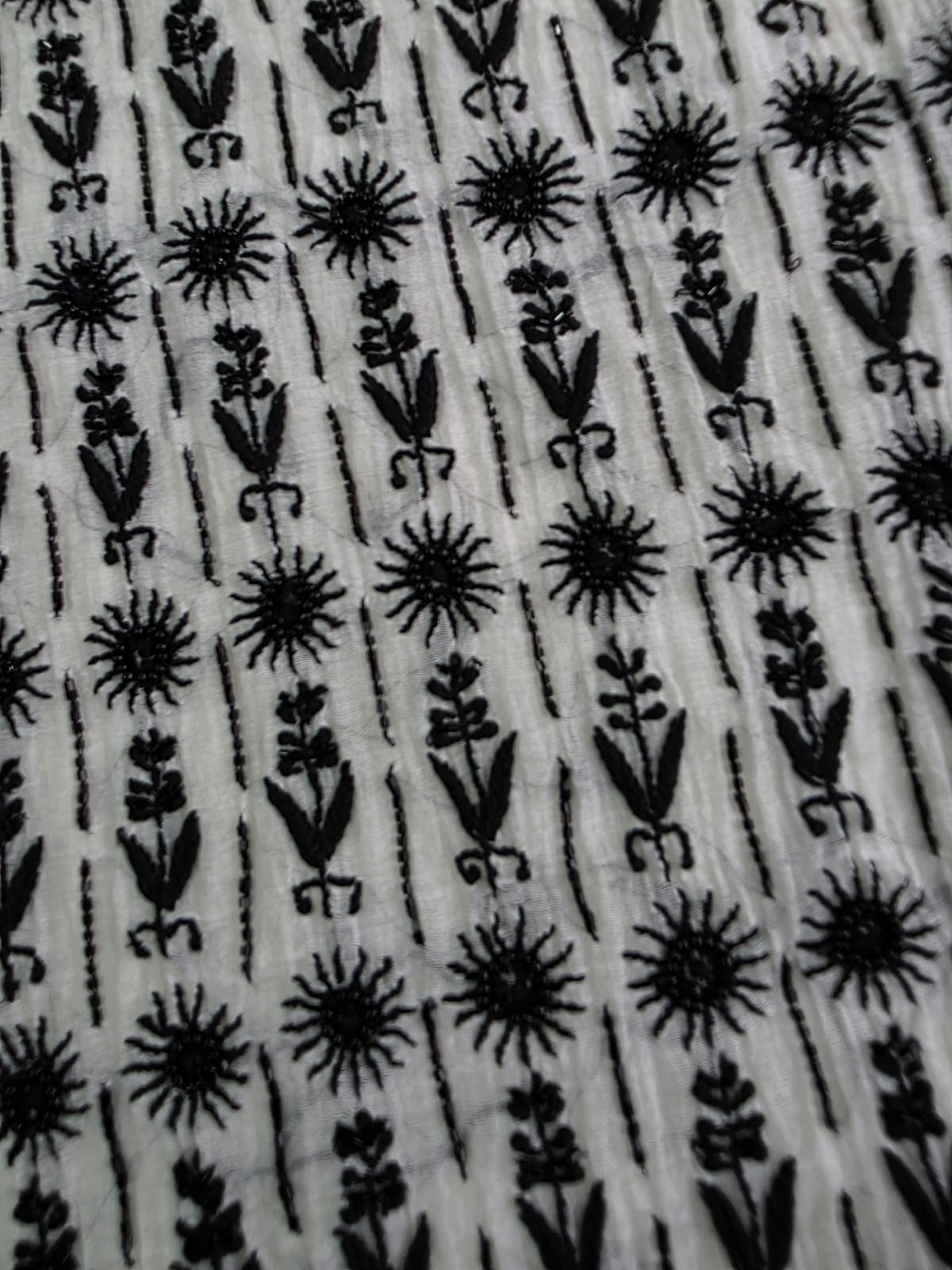 Mul chanderi Semistitched Ivory and black kurta dupatta with chikankari