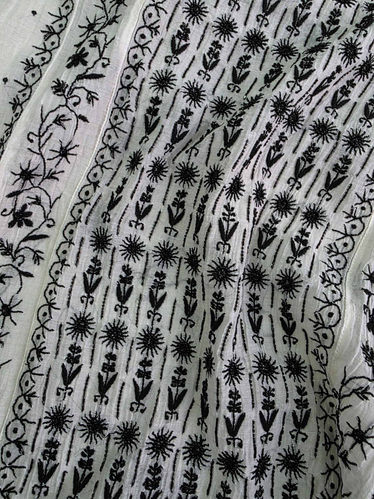Mul chanderi Semistitched Ivory and black kurta dupatta with chikankari