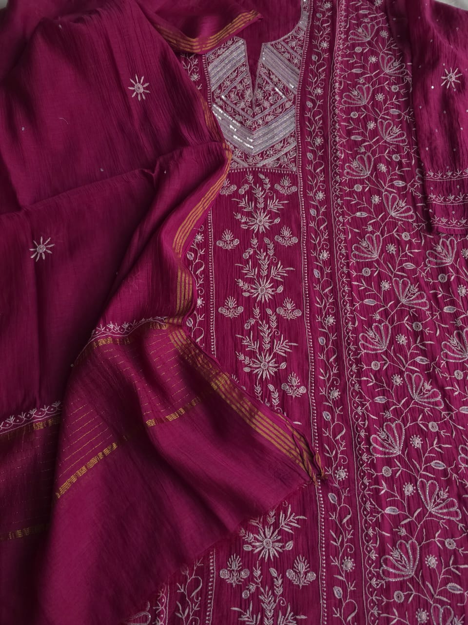 Wine Color Mul Chanderi kurta dupatta with intricate chikankari and embellishments