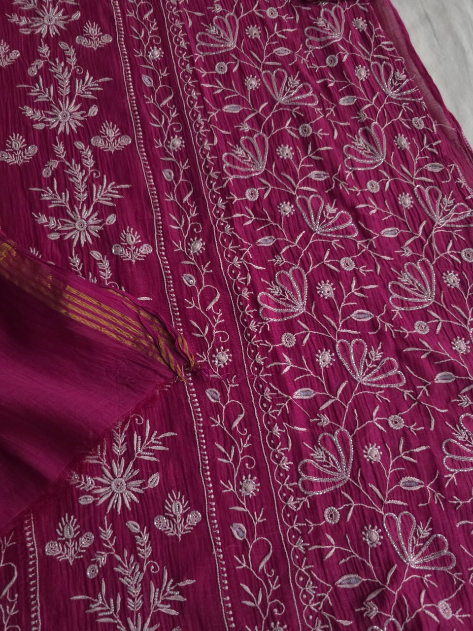 Wine Color Mul Chanderi kurta dupatta with intricate chikankari and embellishments