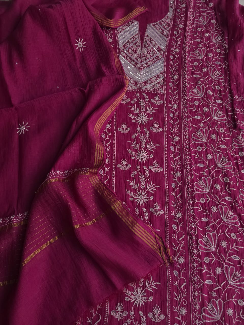 Wine Color Mul Chanderi kurta dupatta with intricate chikankari and embellishments
