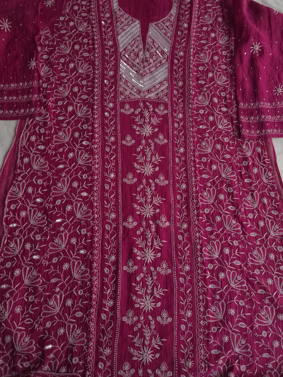 Wine Color Mul Chanderi kurta dupatta with intricate chikankari and embellishments