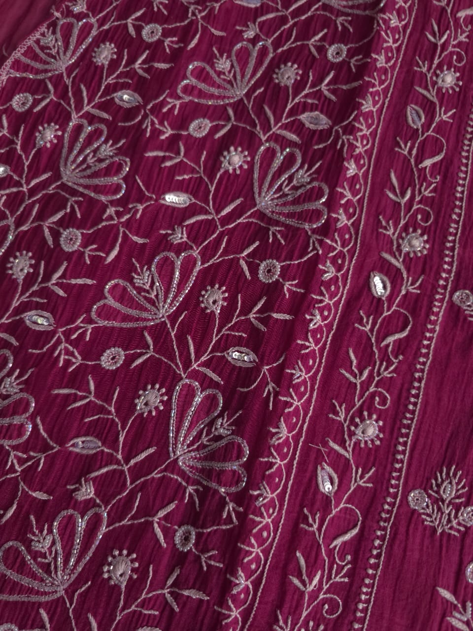 Wine Color Mul Chanderi kurta dupatta with intricate chikankari and embellishments