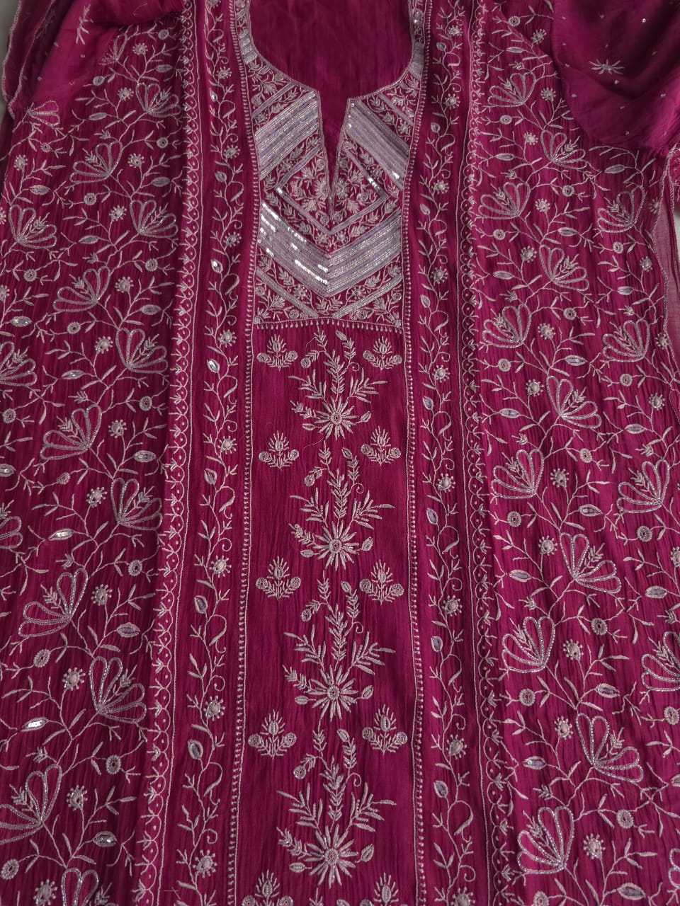 Wine Color Mul Chanderi kurta dupatta with intricate chikankari and embellishments