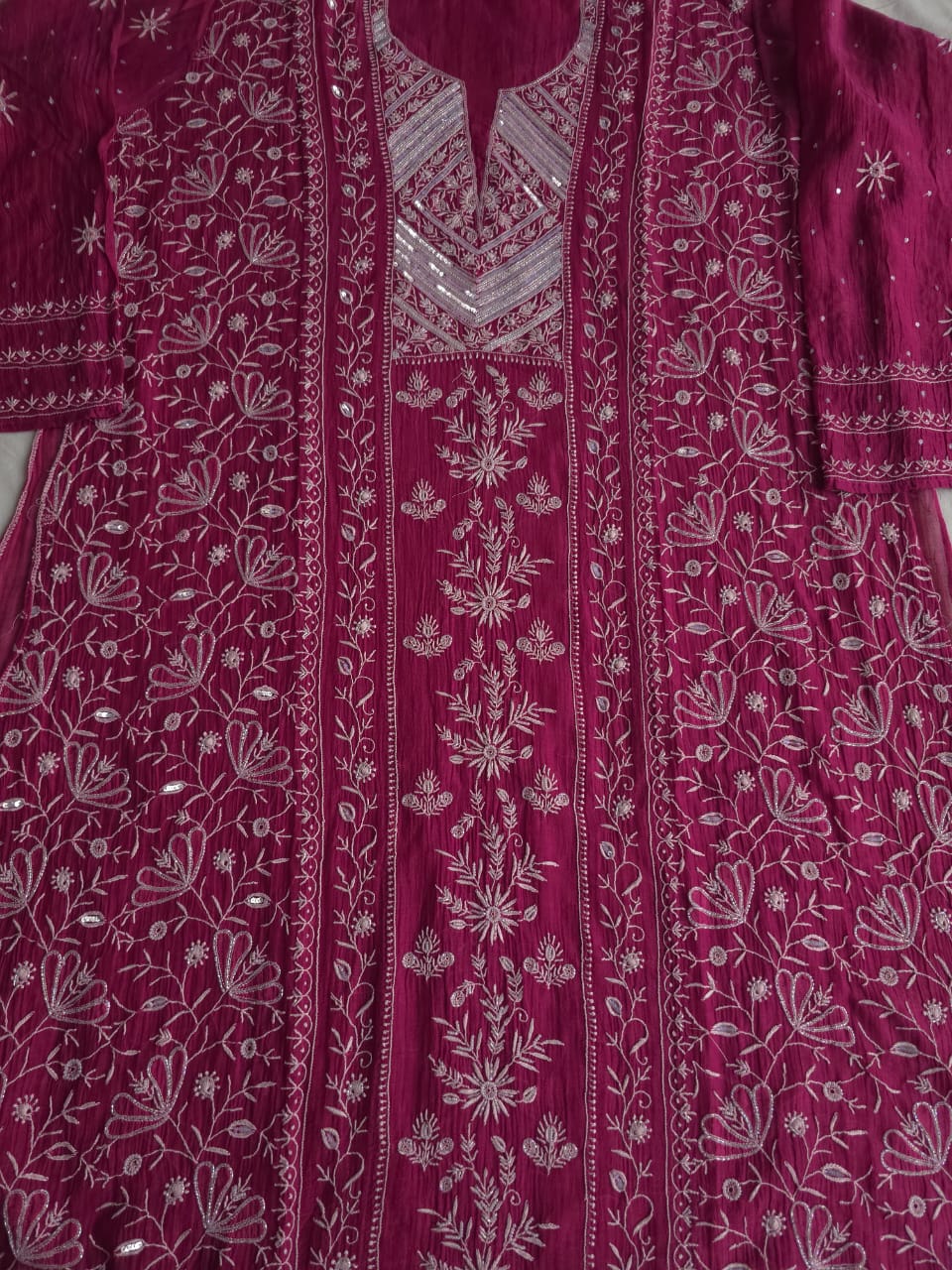Wine Color Mul Chanderi kurta dupatta with intricate chikankari and embellishments