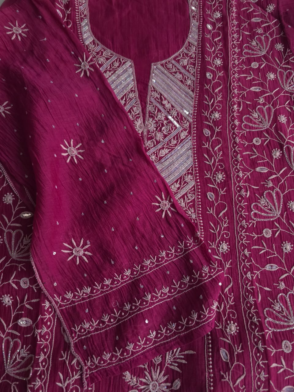 Wine Color Mul Chanderi kurta dupatta with intricate chikankari and embellishments