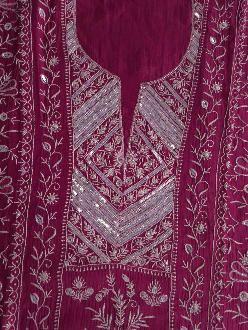 Wine Color Mul Chanderi kurta dupatta with intricate chikankari and embellishments