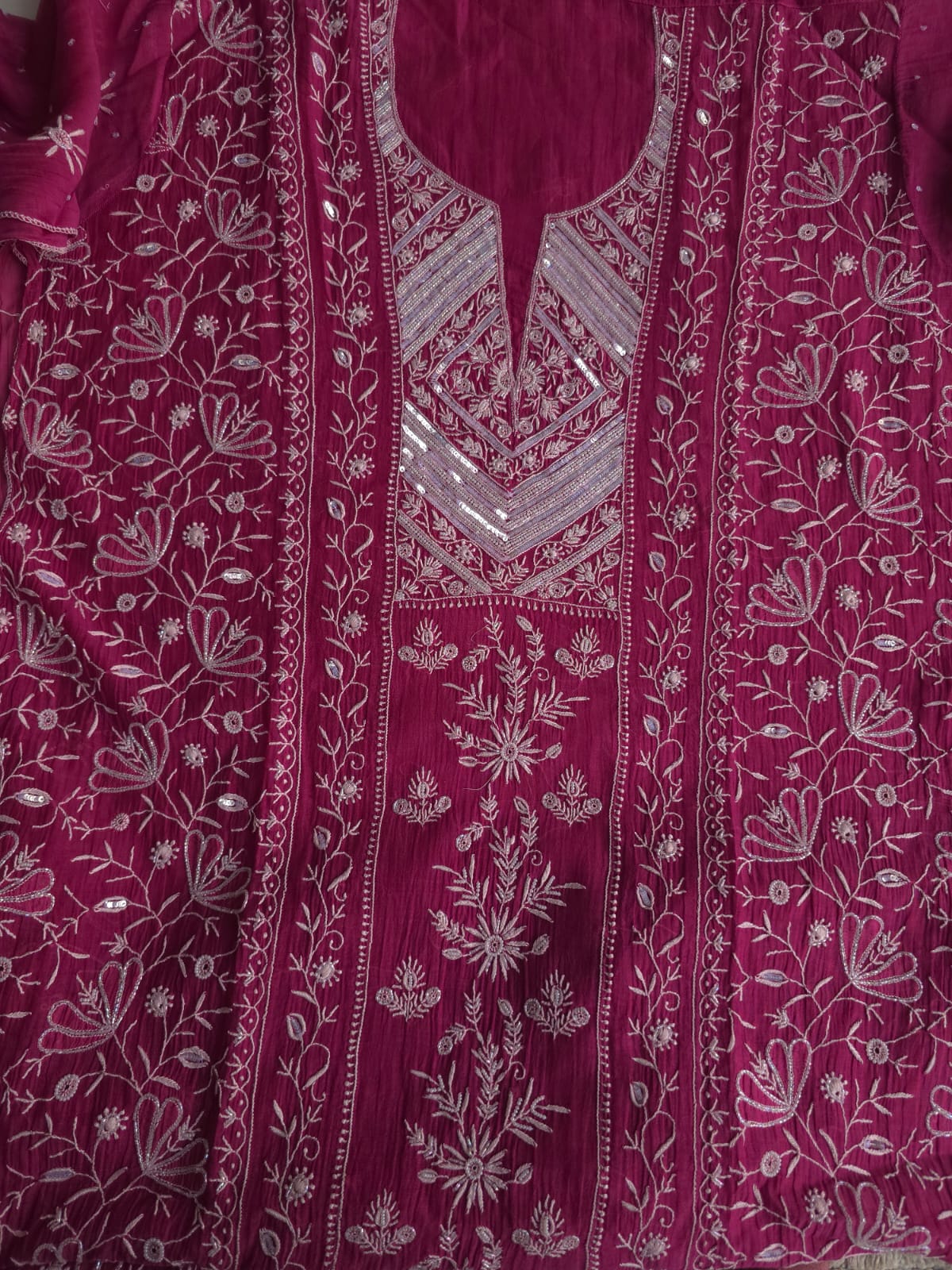 Wine Color Mul Chanderi kurta dupatta with intricate chikankari and embellishments