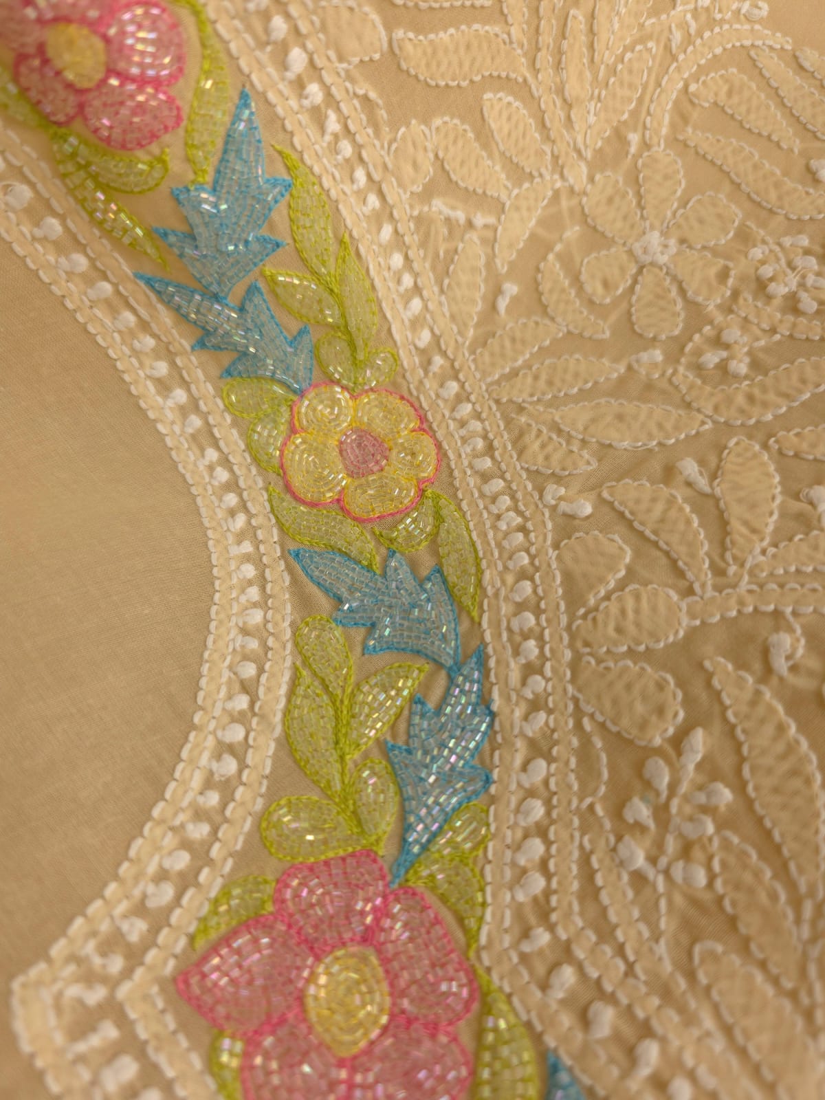 Beige Cotton Kurta fabric with Handwork and multicolored cutdana Neckline