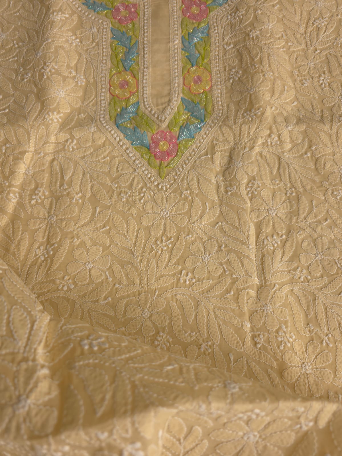 Beige Cotton Kurta fabric with Handwork and multicolored cutdana Neckline