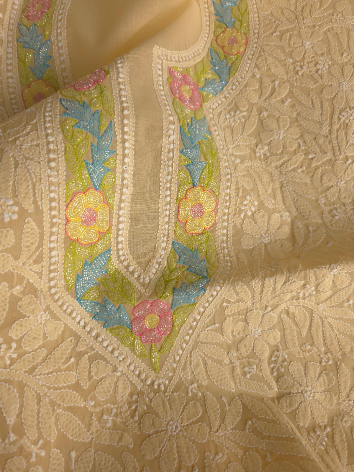 Beige Cotton Kurta fabric with Handwork and multicolored cutdana Neckline